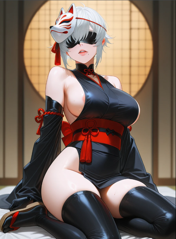 , 1girls ai_generated black_kimono black_outfit black_thighhighs covered_eyes female female_focus female_only fox_mask gloves mature_female nier:_automata original_character outfit solo solo_female solo_focus yorha_2b