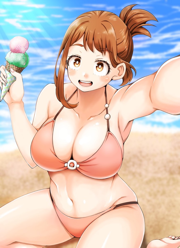 1girls adahcm armpits ass beach big_breasts bikini blush breasts brown_eyes brown_hair female female_focus female_only ice_cream looking_at_viewer medium_hair my_hero_academia navel ochako_uraraka open_mouth sand sitting smile solo solo_female solo_focus swimsuit thick_thighs