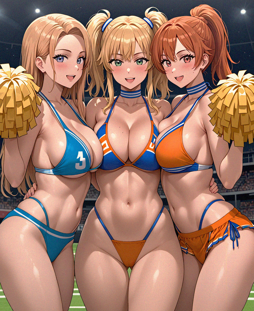 3girls ai_generated ass ass_focus big_breasts bikini bikini_bottom bikini_top blonde_female blonde_hair bra cheerleader cheerleader_uniform ginger half_naked hi_res panties red_hair seekster slim slim_waist smile stadium tagme thick thick_ass thick_thighs