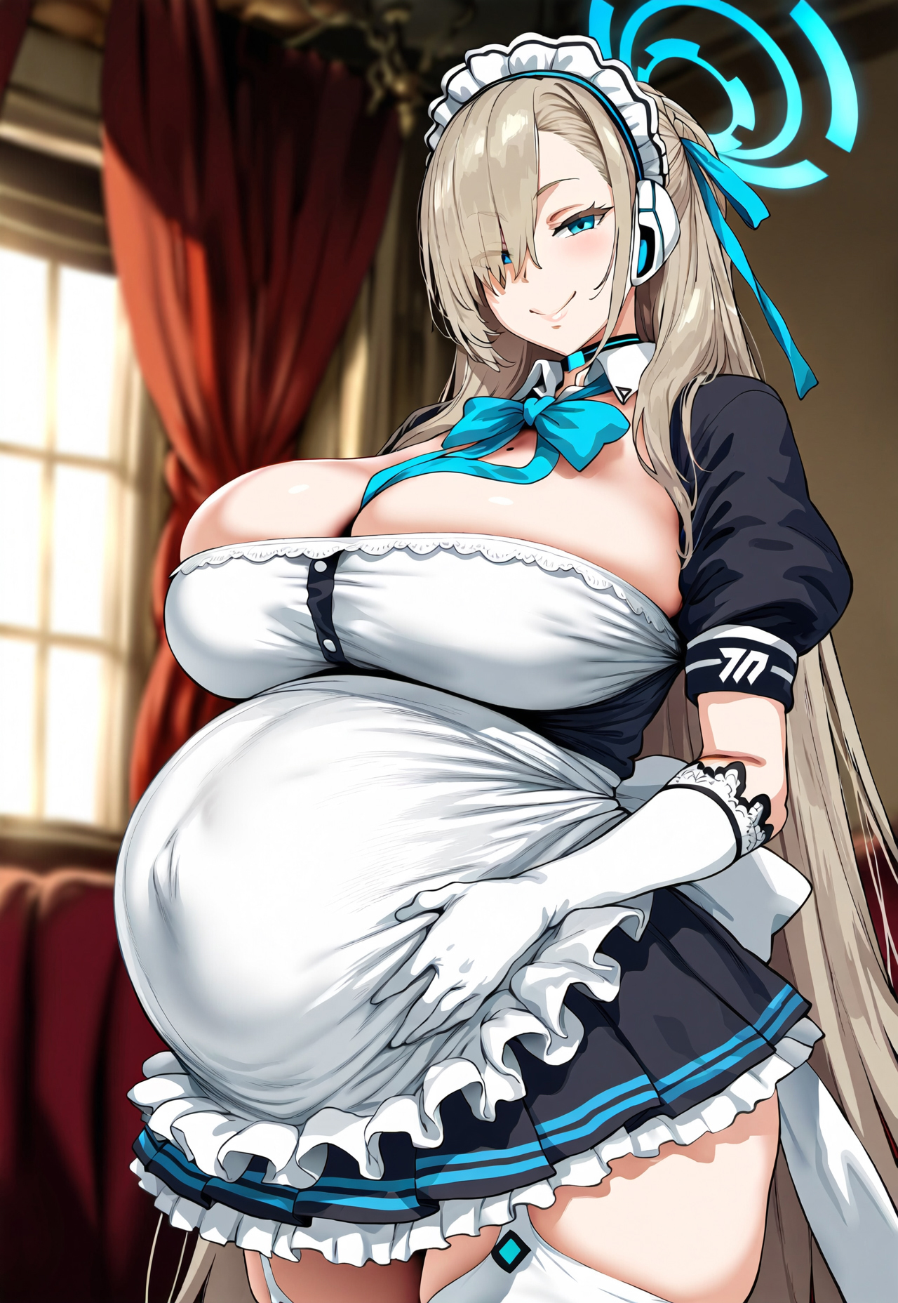 ai generated, asuna (blue archive), blouse, blue archive, cleavage, clothing, female, female only, floox, holding belly, maid, maid uniform, pregnant, thick thighs, white thighhighs