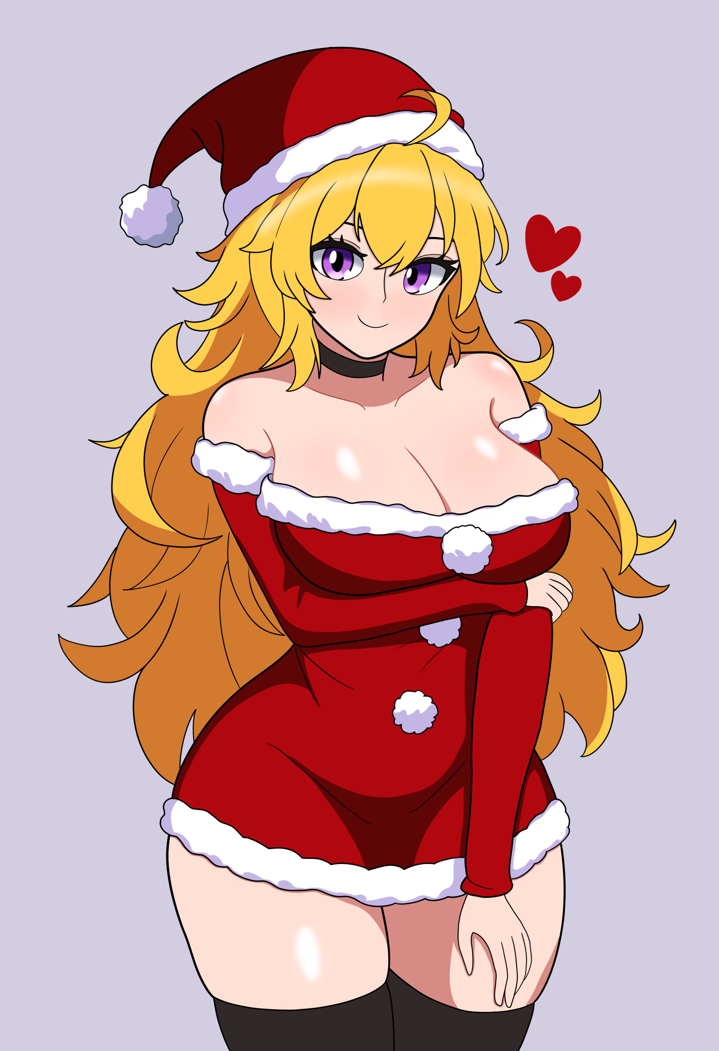 1girls, big breasts, blonde female, blonde hair, blonde-haired female, bojack198, breasts, christmas clothing, christmas hat, christmas outfit, female, female focus, female only, light skin, light-skinned female, long hair, purple hair, rwby, santa hat, solo, solo female, solo focus, thick thighs, thighs, yang xiao long, yellow hair, yellow-haired female
