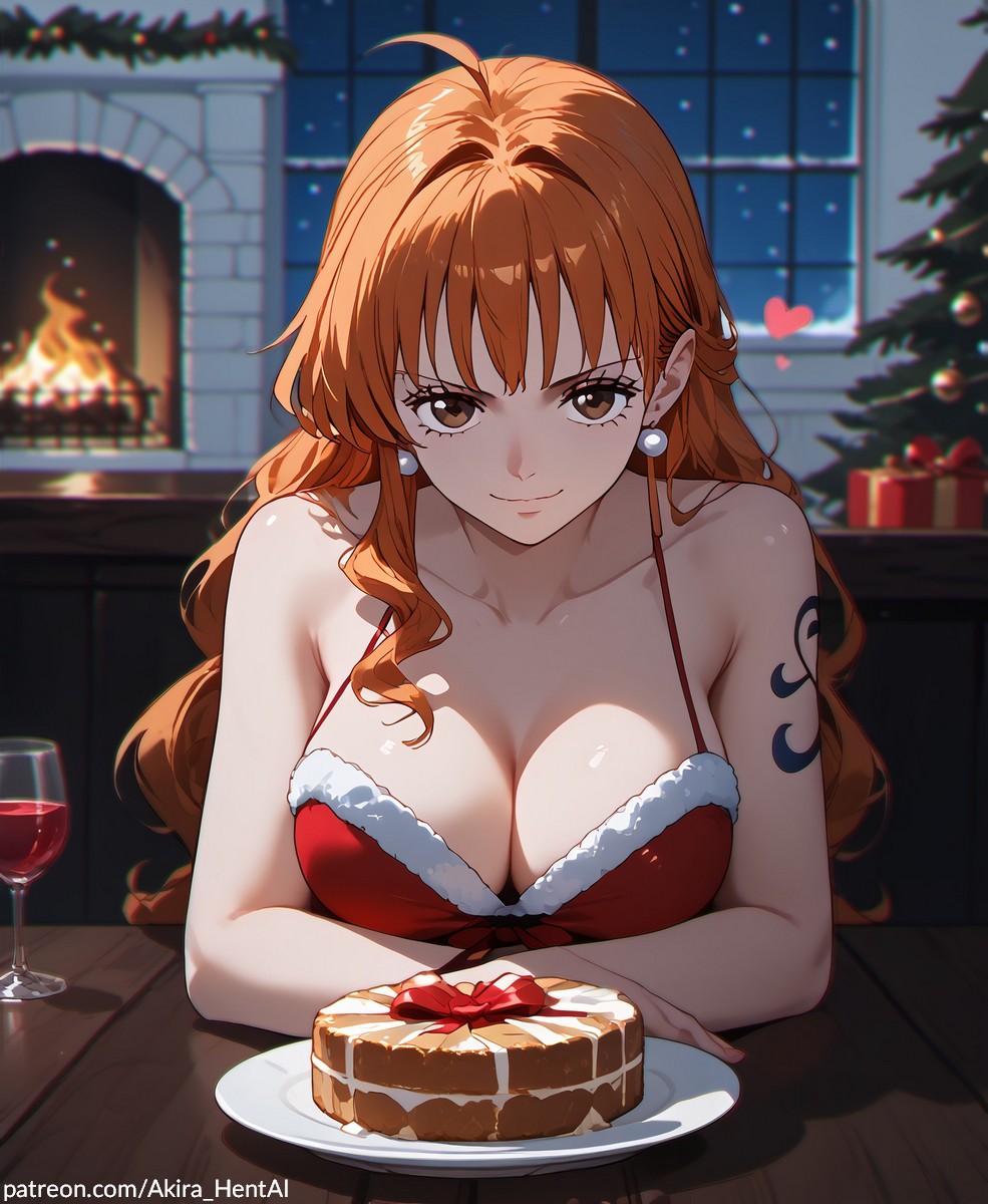 ai_generated akira_hentai big_breasts christmas christmas_clothing christmas_outfit christmas_tree dinner gift looking_at_viewer nami_(one_piece) one_piece red_bra thick_breasts