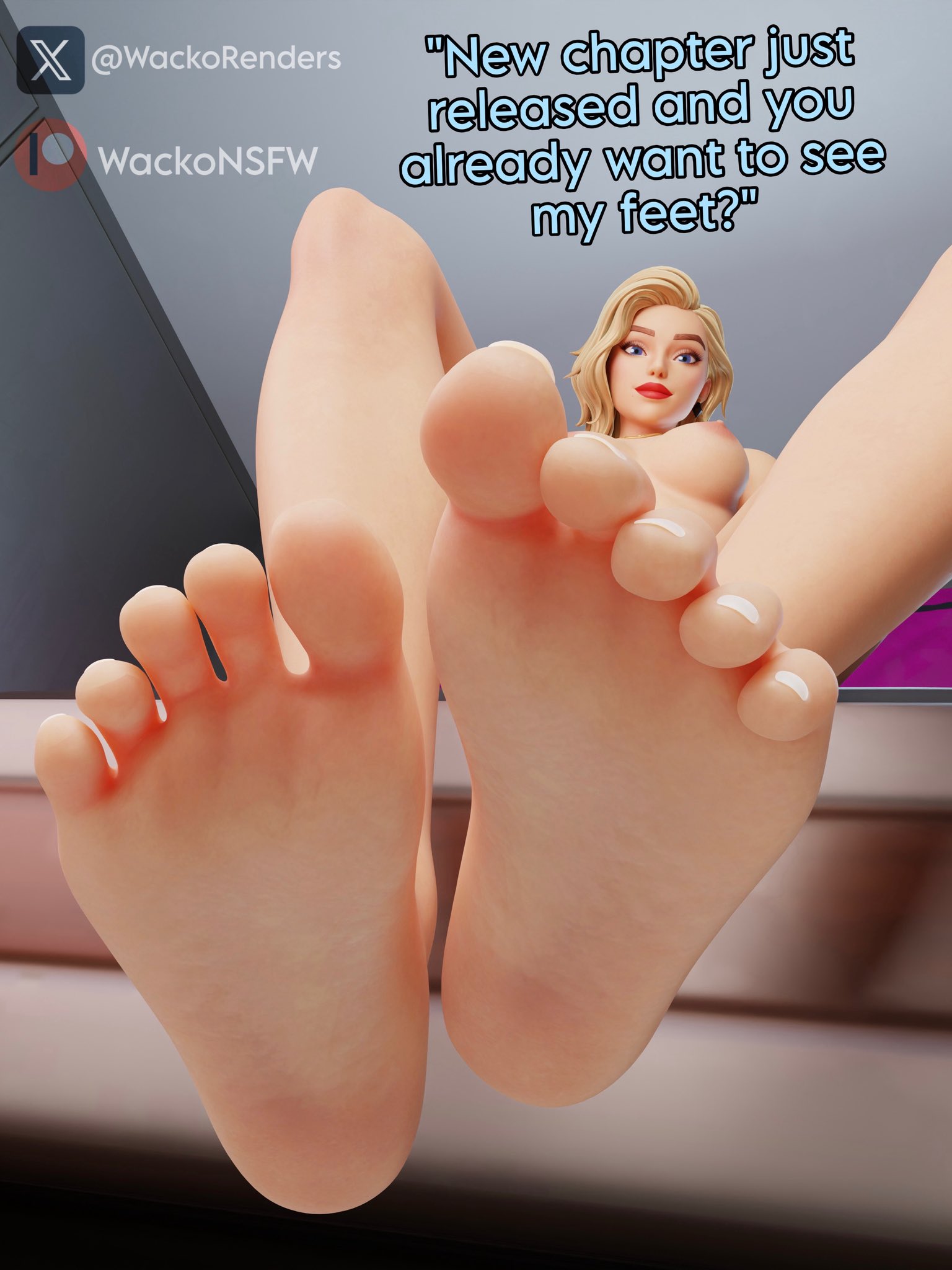 3d, blonde hair, blue eyes, cat holloway (fortnite), feet, female, foot fetish, fortnite, short hair, soles, straight, text, toes, wackorenders