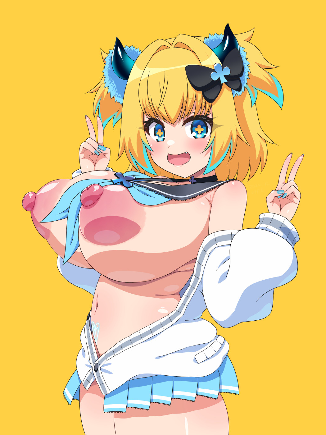 blonde_hair blue_eyes bombergirl breasts double_v elf_k hair_between_eyes highres horns oerba_yun_fang sailor_collar smile symbol-shaped_pupils twintails v