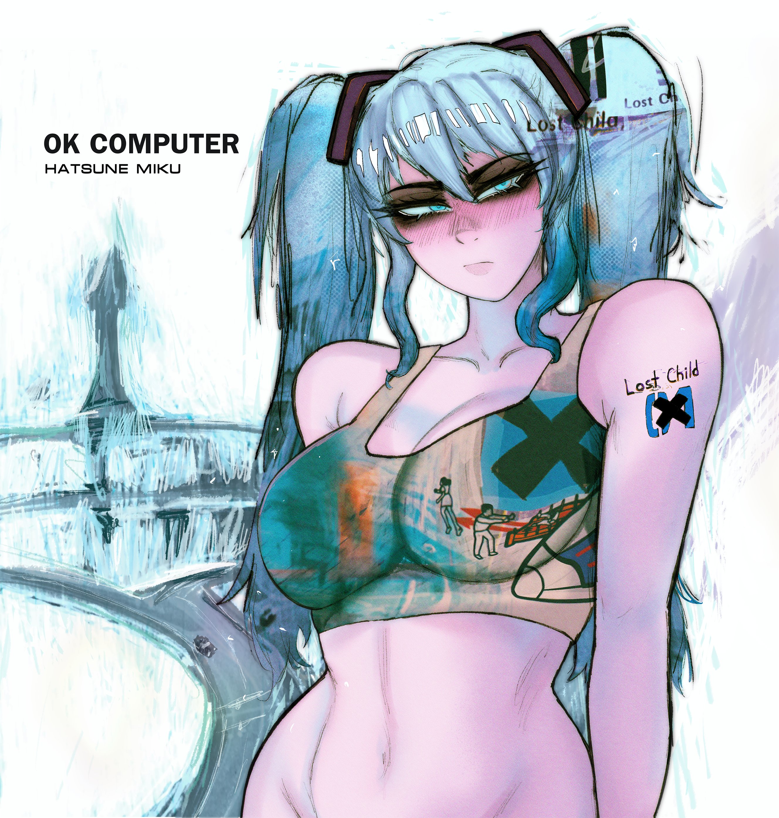 1girl, 1girls, album cover, bangs, baphoavi, blue eyes, blue hair, blush, bra only, breasts, cleavage, english text, female, hatsune miku, large breasts, long hair, medium breasts, navel, out-of-frame censoring, radiohead (band), solo, solo female, sports bra, tattoo, twintails, vocaloid