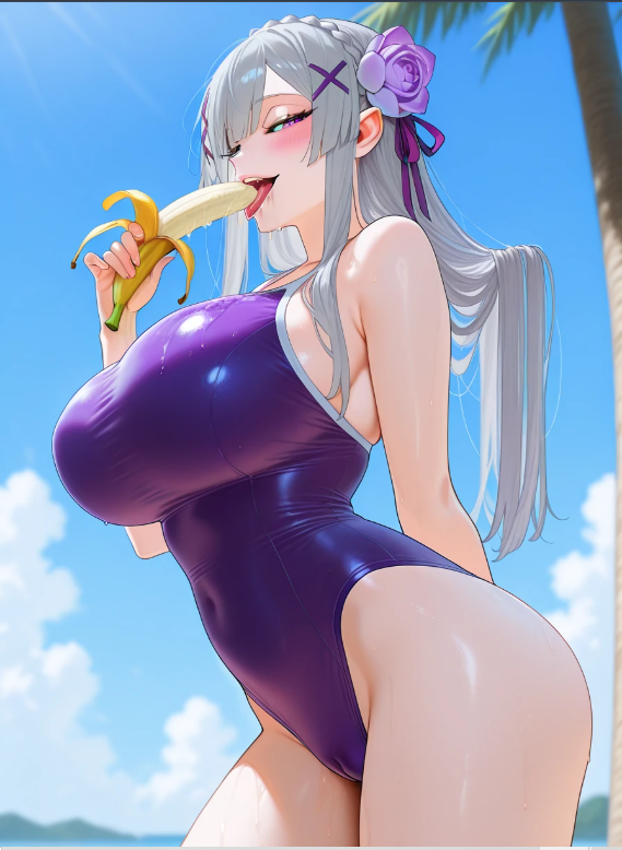 , 1girls ai_generated banana crown_braid emilia_(re:zero) food_in_mouth hair_ribbon holding huge_breasts long_hair original_character pointy_ears purple_eyes re:zero_kara_hajimeru_isekai_seikatsu swimsuit tongue tongue_out white_hair