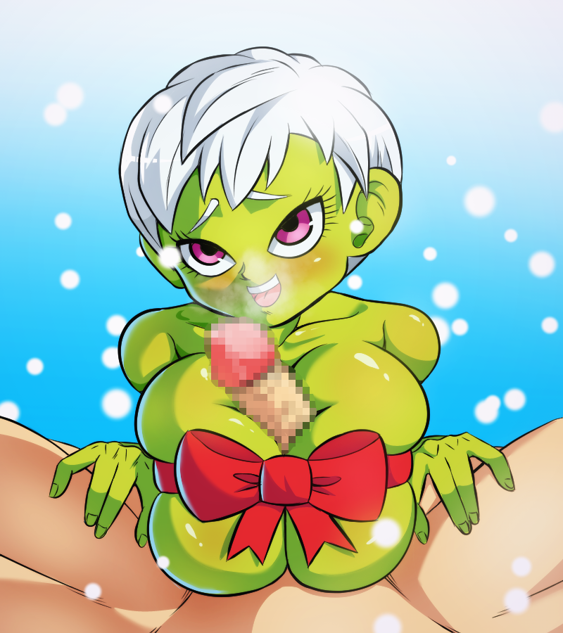 bigduck cheelai compressed_breasts curvy curvy_figure dragon_ball dragon_ball_super female green_body green_skin short_hair squeezing_breast tagme titjob white_hair