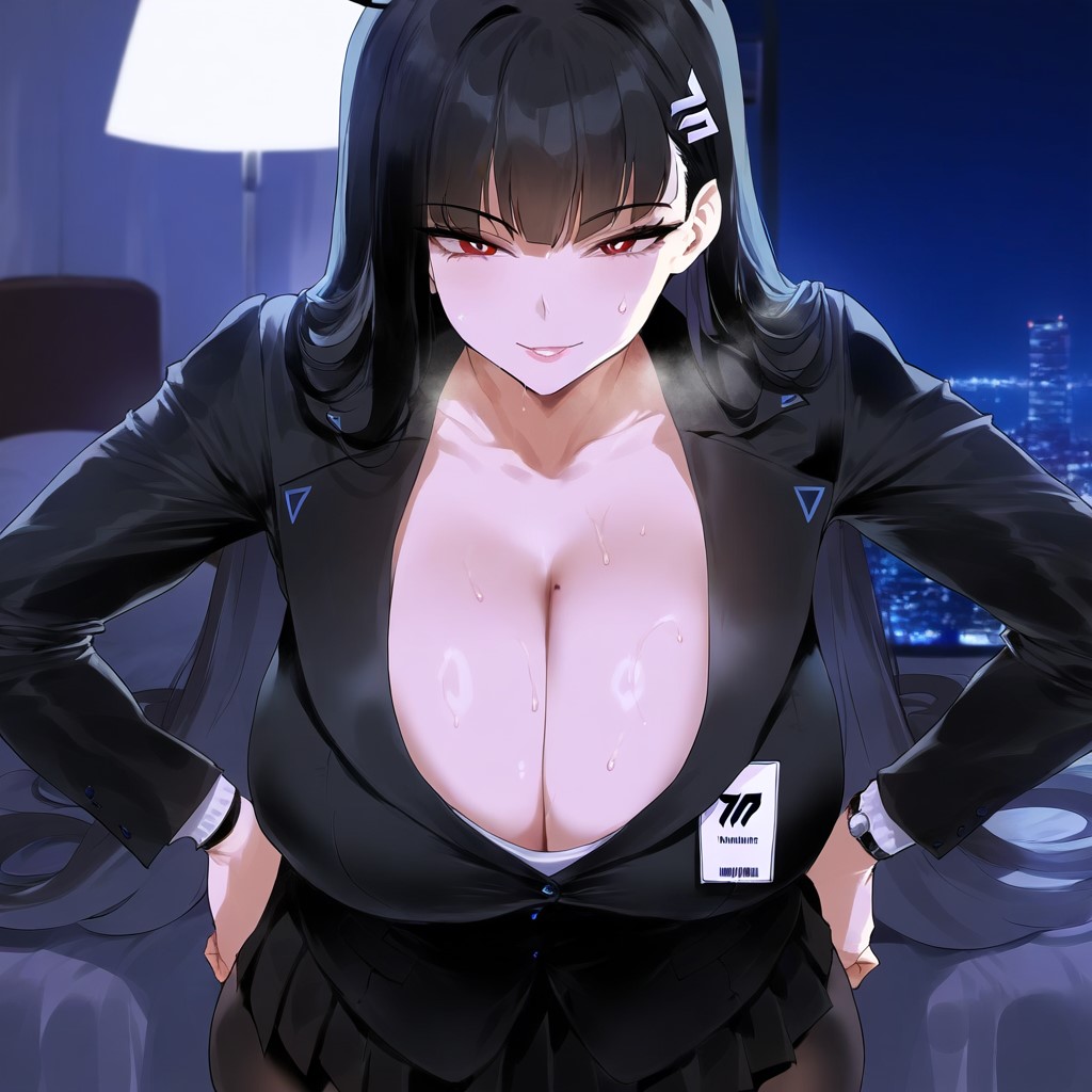 1girls ai_generated big_breasts black_hair blue_archive breasts female female_focus huge_breasts large_breasts leaning_forward light-skinned_female looking_at_viewer red_eyes rio_(blue_archive)