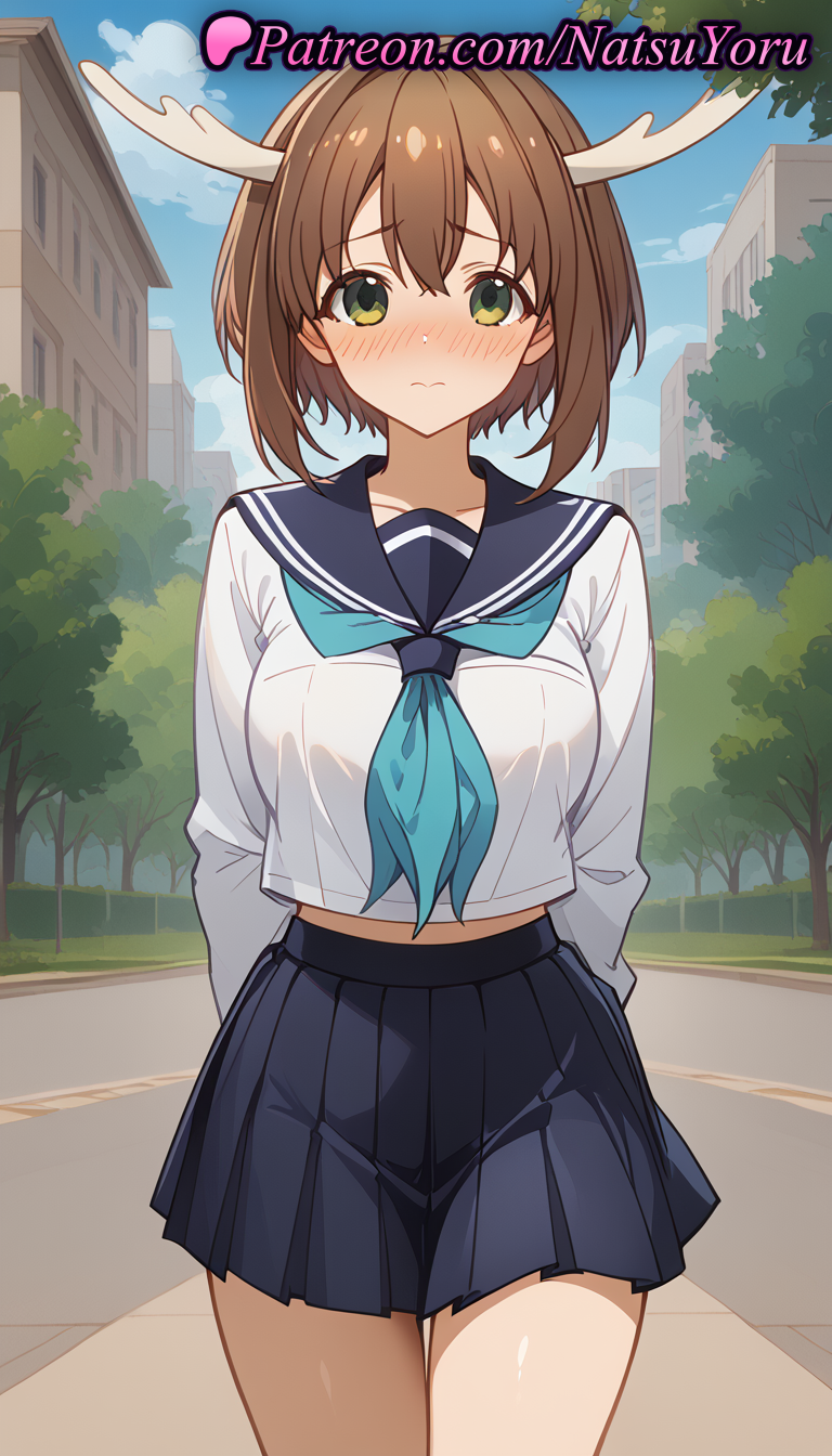 1girls ai_generated anime anime_style antlers aqua_neckerchief arms_behind_back asian bangs black_sailor_collar black_skirt blue_neckerchief blue_sailor_collar blue_skirt blue_sky blush breasts brown_hair building bust busty closed_mouth cloud collarbone cowboy_shot crop_top day female female_focus female_only green_eyes hair_between_eyes hentai horns large_breasts long_sleeves looking_at_viewer midriff midriff_peek miniskirt my_deer_friend_nokotan natsuyoru neckerchief nose_blush outdoors pleated_skirt raised_eyebrows road sailor_collar sailor_uniform school_uniform serafuku shikanoko_noko shirt short_hair skirt sky solo solo_female standing thigh_gap thighs tree voluptuous voluptuous_female white_shirt