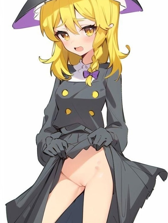 ai_generated blonde_hair blush cameltoe cookie_(touhou) female kirisame_marisa long_hair magical_girl rei_(cookie) ribbon shirt_lift touhou witch_hat wizard yellow_eyes