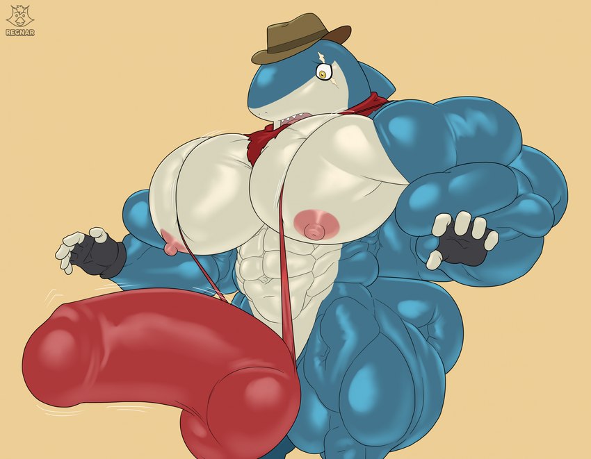 1boy 1furry 1male anthro balls bara biceps big_balls big_bulge blue_body blue_skin brown_hat buff bulge bulge_through_swimsuit bulge_under_swimsuit dick eye_scar hat looking_at_penis looking_down male_only mankini muscular muscular_male muscular_male_only pecs penis red_eyes red_mankini red_pupils red_thong sexy shark shark_boy shark_tail surprised surprised_expression surprised_face surprised_look thong