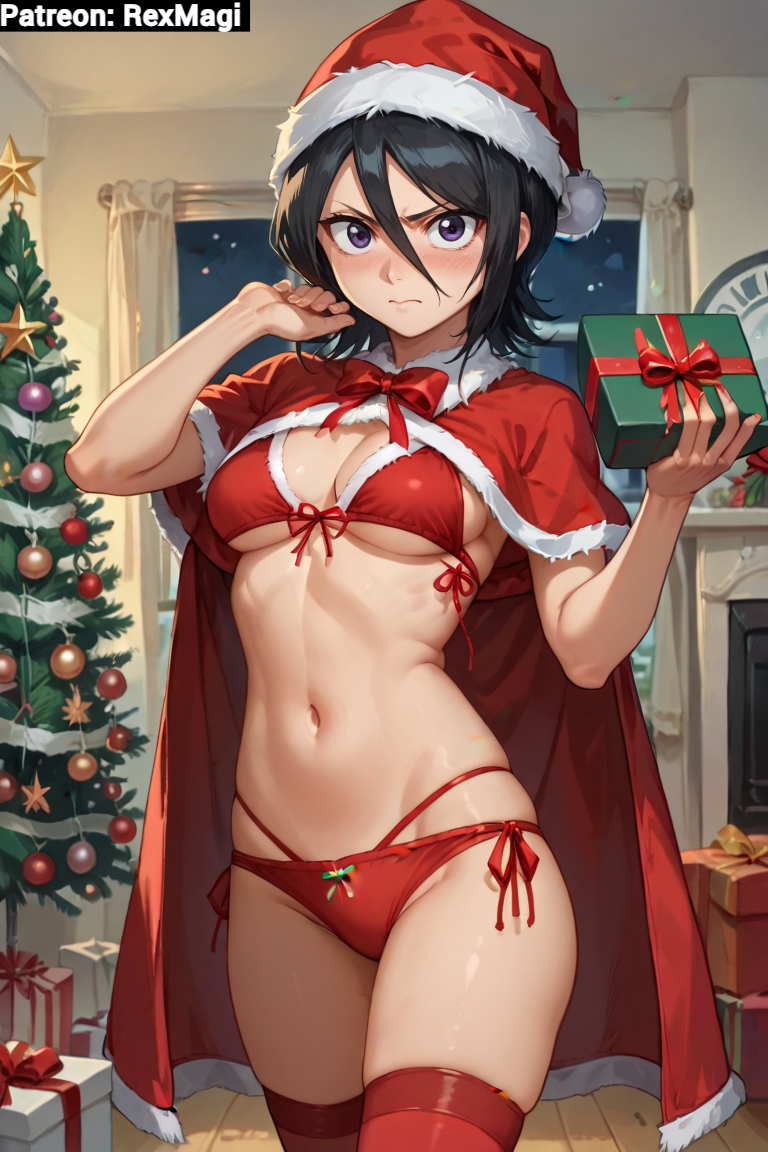 1girls ai_generated bikini black_hair bleach christmas christmas_clothing christmas_hat christmas_outfit christmas_tree dress embarrassed embarrassed_female gift_box gloves hair_between_eyes kuchiki_rukia living_room looking_at_viewer medium_breasts navel night panties perfect_body purple_hair red_bikini red_cape red_panties ribbon short_hair softcore thick_thighs thighhighs thighs