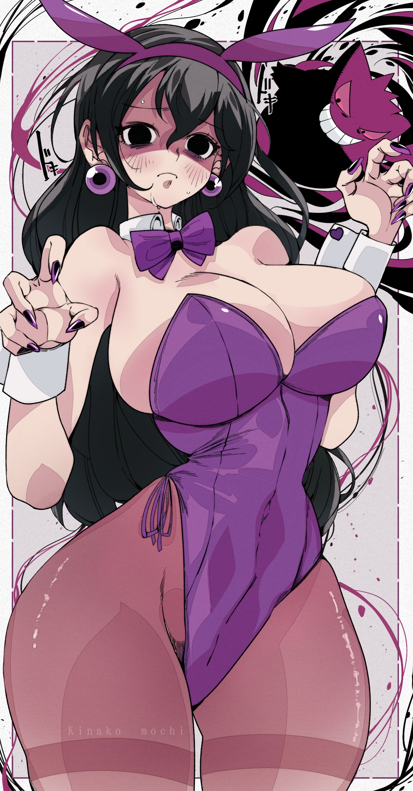 1girls, about to burst, absurdres, artist name, barely contained, barely contained breasts, barely fits, black eyes, black hair, blush, bow, bowtie, breasts, breasts too big, bunny ears, bunnysuit, bursting breasts, cleavage, closed mouth, collar, covered navel, detached collar, earrings, female, female only, game freak, gengar, grin, hair between eyes, hands up, heart, heart print, hex maniac, hex maniac (pokemon legends: z-a), highres, imminent wardrobe malfunction, jewelry, kinakomochi (user vedc2333), large breasts, leotard, long hair, looking at viewer, nail polish, nervous, nervous sweating, nintendo, omochi db, pantyhose, pokemon, pokemon (creature), pokemon legends: z-a, purple bow, purple bowtie, purple nails, smile, solo focus, straining clothing, sweat, teeth, tight clothes, tight clothing, tight fit, too tight, undersized clothes, undersized clothing, white collar