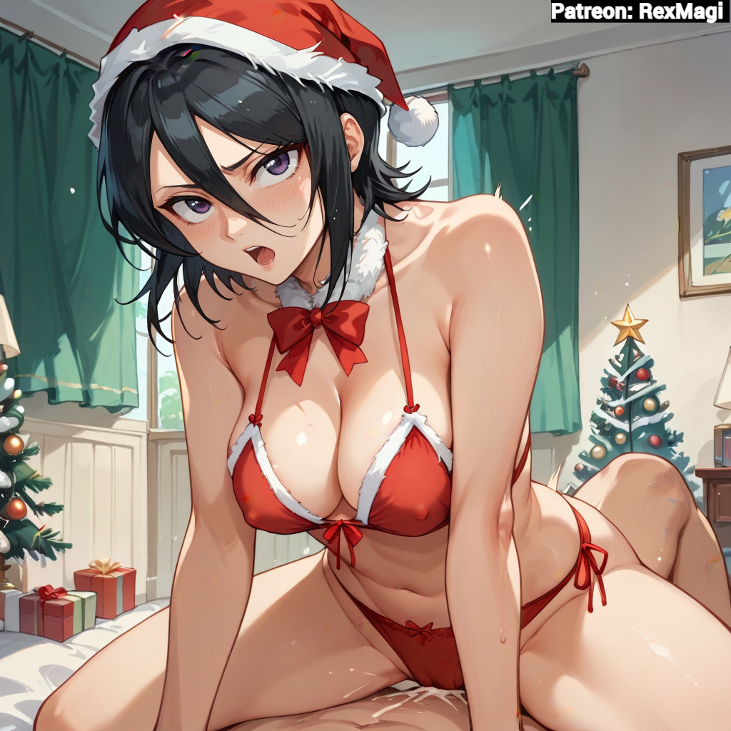 1girls ai_generated bed bedroom bikini black_hair bleach breeding christmas christmas_clothing christmas_hat christmas_outfit christmas_tree cow_girl cowgirl_position cum cum_in_pussy cum_inside cumshot cumshot_in_pussy dress gift_box gloves hair_between_eyes kuchiki_rukia looking_at_viewer medium_breasts nipples_visible_through_clothing orgasm orgasm_face panties panties_aside pov pov_eye_contact purple_hair red_bikini red_panties ribbon sex short_hair thick_thighs thighs vaginal_penetration vaginal_sex