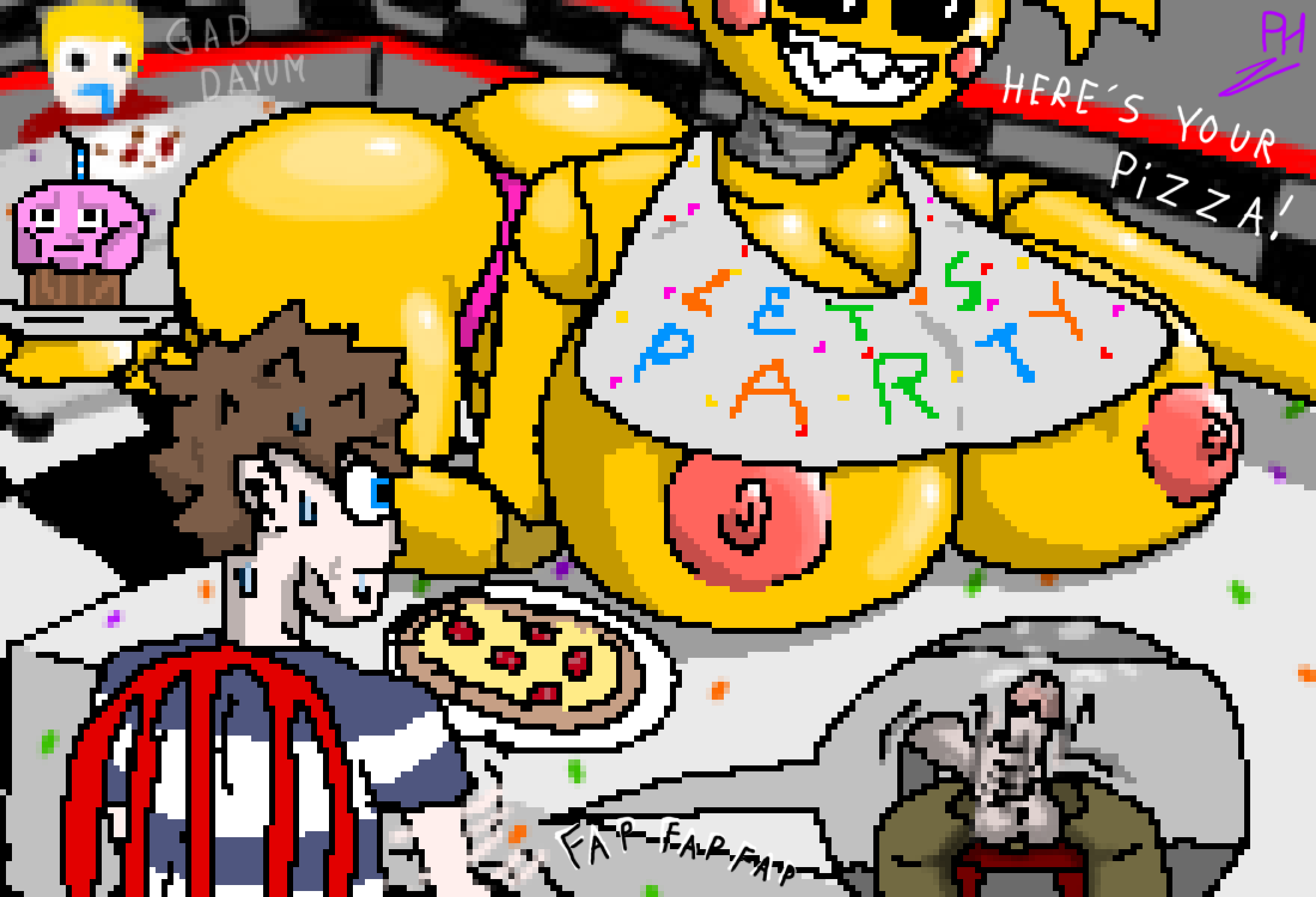 age_difference animatronic anthro aroused ass astonished avian background_character bib big_breasts big_butt bodily_fluids breast_rest breast_squish breasts chair chica_(fnaf) cleavage clothed clothing concealing_penis cupcake_(fnaf) digital_media_(artwork) duo erect_nipples erection female five_nights_at_freddy's five_nights_at_freddy's_2 food furniture genital_fluids genitals group hi_res imminent_ejaculation leaning leaning_forward looking_at_another machine male male/female masturbation nipples oblivious offscreen_character on_chair party penis pixel_(artwork) pixelh pizza precum public public_exposure public_masturbation reflective_body robot scottgames sitting sitting_on_chair squish stealth_masturbation sweat thong toy_chica_(fnaf) underwear waiter wardrobe_malfunction x-ray_view yellow_body younger_male