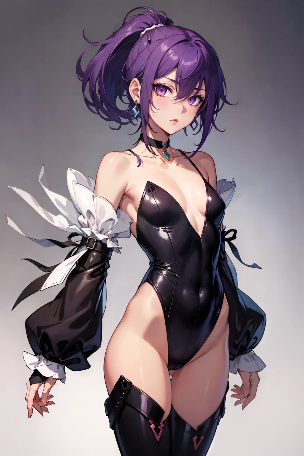 1boy ai_generated femboy leotard nick_(original_character) purple_hair solo trap