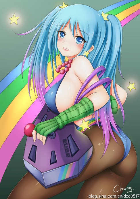 arcade_series arcade_sona ass blue_eyes blue_hair cheng joystick league_of_legends rainbow rainbow_hair sona_buvelle stars stockings