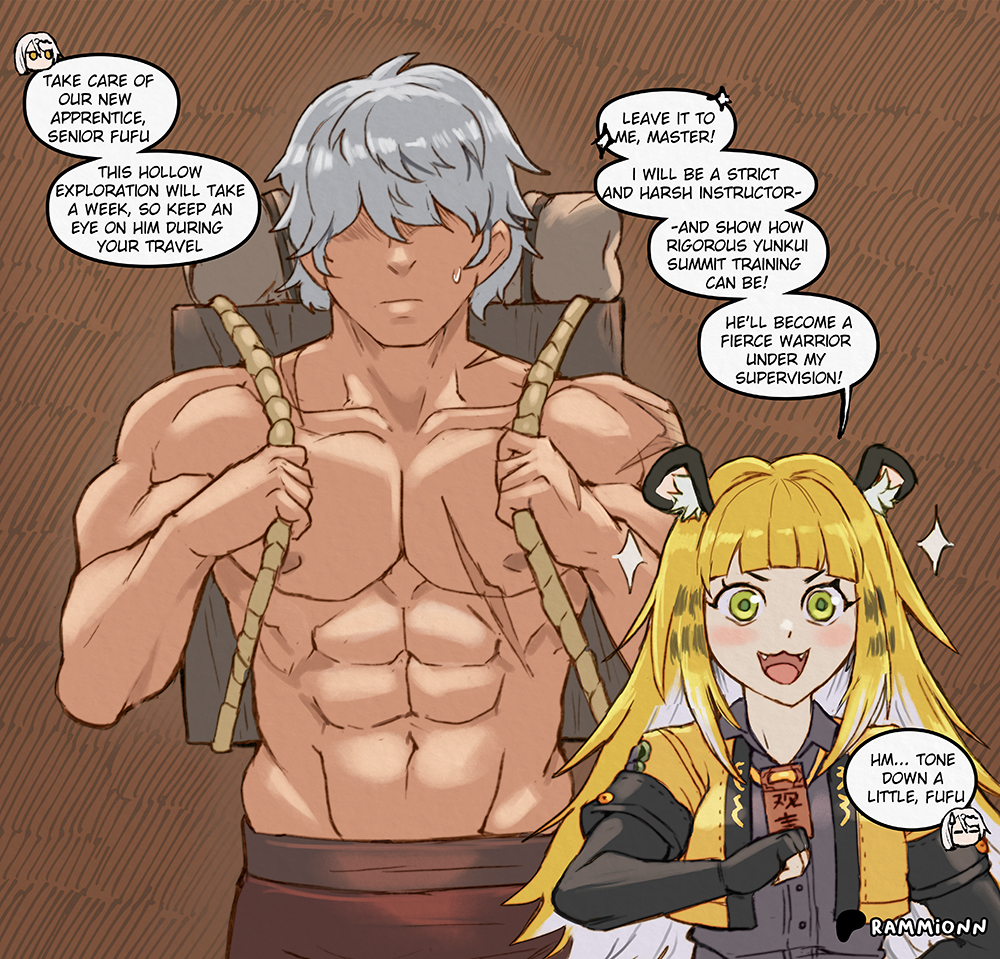 1boy, 1girls, backpack, bangs over eyes, bare chest, blonde female, dialogue, gray hair, green eyes, ju fufu, muscular male, rammionn, scar, smile, taller male, tanned skin, tiger ears, tiger girl, training, wise (zenless zone zero), zenless zone zero
