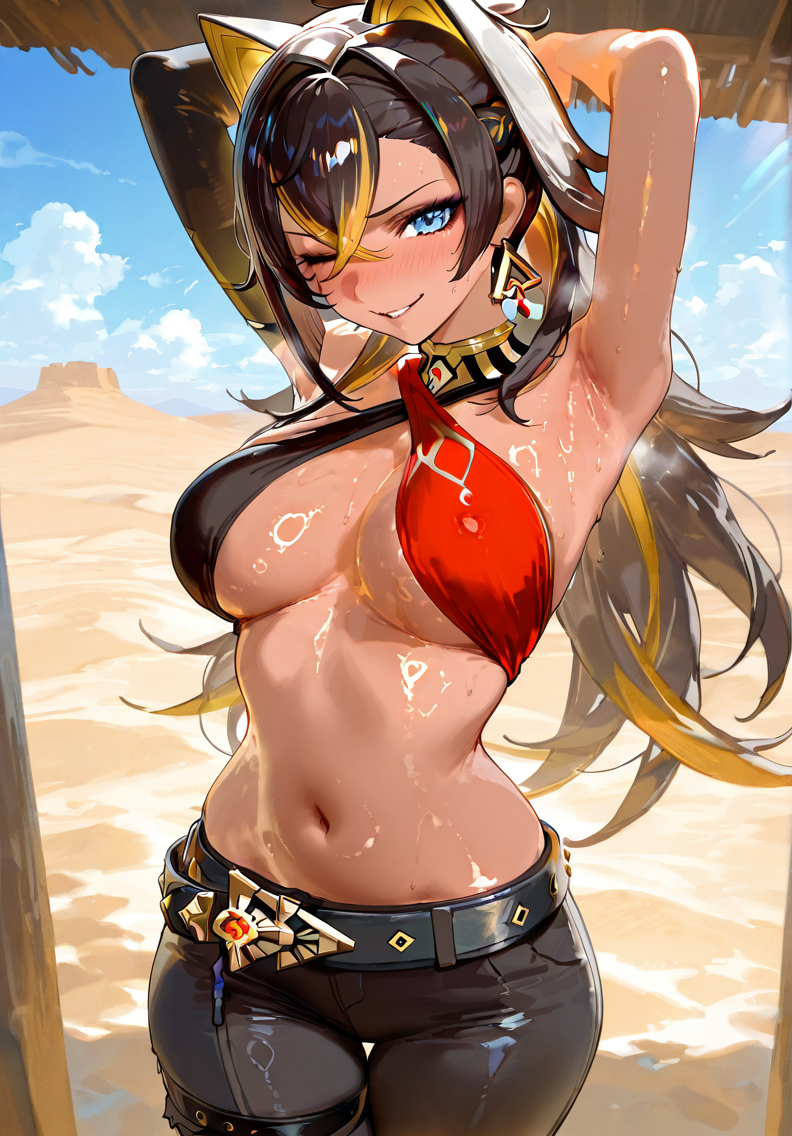 ai_generated animal_ears armpits arms_behind_head arms_up asymmetrical_clothes bangs bare_shoulders belly belt big_breasts black_hair black_pants blue_eyes blue_sky blush brown_hair clothing cloud criss-cross_halter crossed_bangs dark-skinned_female dark_skin dehya_(genshin_impact) earrings fake_animal_ears female genshin_impact hair_between_eyes halter_top halterneck hell-pantsu jewelry long_hair medium_breasts midriff multicolored_hair multiple_belts navel one_eye_closed outdoors pants parted_lips shiny shiny_skin shorts sky smile solo standing stomach streaked_hair sunlight sweat tank_top tanned_skin thigh_gap thigh_strap thighs torn_pants two-tone_hair wink