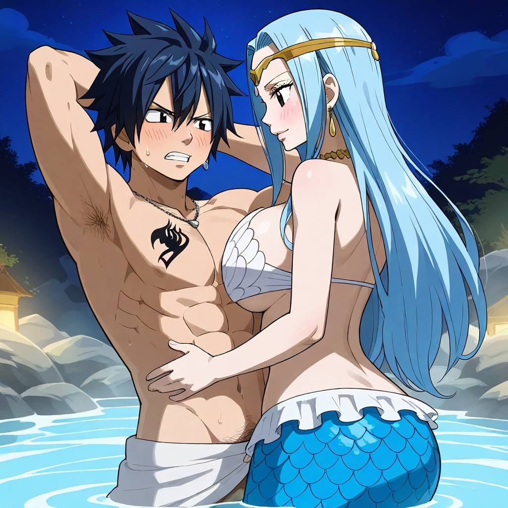 ai_generated aquarius_(fairy_tail) fairy_tail gray_fullbuster hotsprings mermaid naked night sex