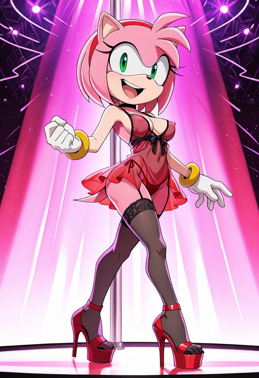 ai_generated amy_rose breasts garter_straps high_heels lingerie nipples sonic_(series) sonic_the_hedgehog_(series) stockings stripper_pole thong