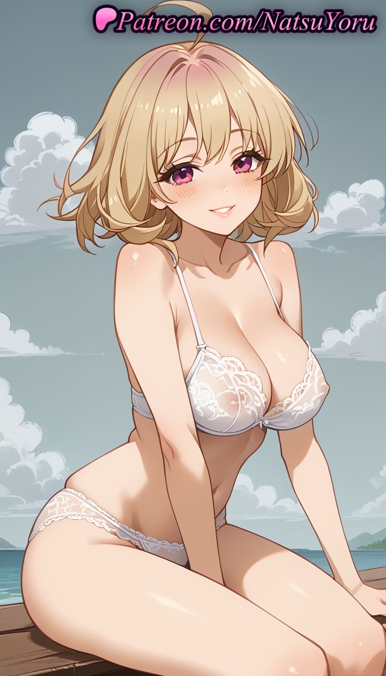 1girls ahoge ai_generated anime anime_style arm_support bangs bare_arms bare_shoulders between_legs blonde_hair blue_sky blush bra breasts bust busty cleavage cloud cloudy_sky collarbone covered_nipples day female female_focus female_only grin hand_between_legs hentai lace-trimmed_bra lace-trimmed_panties lace_bra lace_trim large_breasts light_brown_hair lingerie looking_at_viewer medium_hair my_deer_friend_nokotan natsuyoru navel nipples nipples_outside ocean outdoors panties pantsu parted_lips pink_eyes purple_eyes see-through short_hair sitting skindentation sky smile solo solo_female stomach strap_gap tanukikouji_kinu thighs underwear underwear_only voluptuous voluptuous_female white_bra white_panties