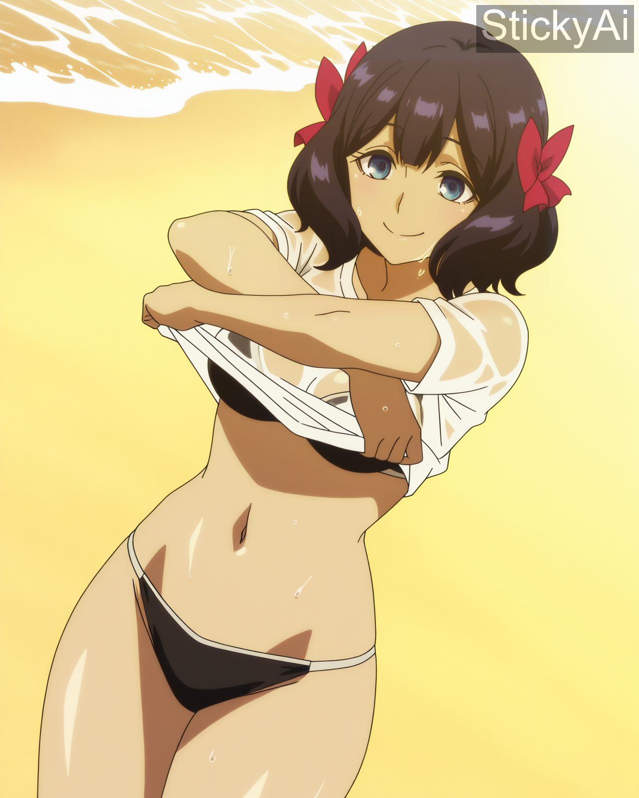 ai_generated beach black_hair blue_eyes hair_ribbon let_this_grieving_soul_retire! nageki_no_bourei_wa_intai_shitai short_hair stickyai thick_thighs tino_shade