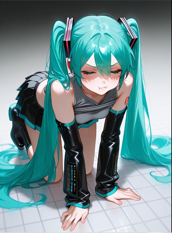 , 1girls ai_generated all_fours beginner black_boots closed_eyes female female_focus female_only grey_shirt hatsune_miku original_character solo solo_female solo_focus twintails