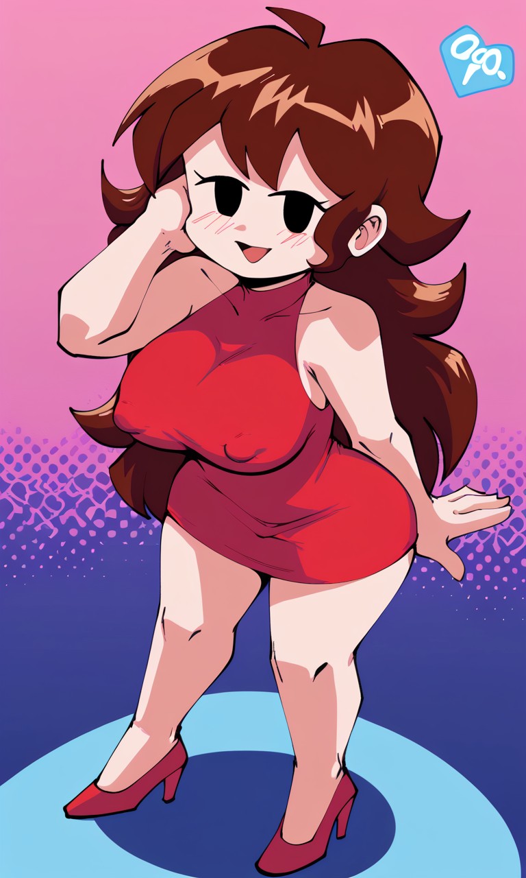 1girl 4_fingers :d ai_generated auburn_hair big_ass big_breasts black_eyes blush curvy dress friday_night_funkin fully_clothed girlfriend_(friday_night_funkin) hand_on_head heels long_hair messy_hair nipple_bulge pixai red_dress red_heels short_dress solo tight_clothing