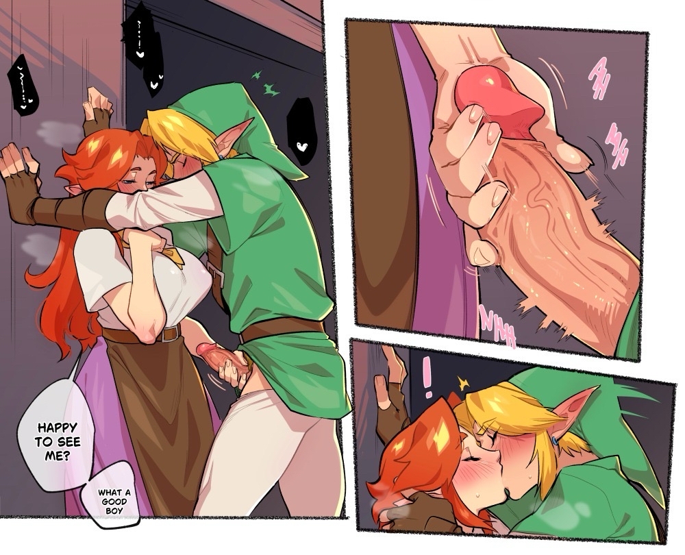 1boy 1boy1girl 1girls blonde_hair breasts clothed comic comic_page couple english english_text handjob kabedon kissing kissing kukumomo link malon ocarina_of_time orange_hair penis penis_out romantic romantic_couple the_legend_of_zelda