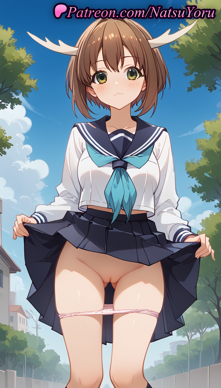 1girls :3 ai_generated anime anime_style antlers asian ass_visible_through_thighs bangs black_sailor_collar black_skirt black_socks blue_neckerchief blue_sailor_collar blue_skirt blue_sky blush breasts brown_hair building bust busty cleft_of_venus closed_mouth clothes_lift cloud collarbone day dragon_horns exhibitionism feet_out_of_frame female female_focus female_only green_eyes hentai horns kneehighs labia labia_majora lifted_by_self long_sleeves looking_at_viewer medium_breasts midriff_peek my_deer_friend_nokotan natsuyoru neckerchief outdoors paipan panties pantsu panty_pull pink_panties pleated_skirt public_indecency pussy sailor_collar sailor_uniform school_uniform serafuku shikanoko_noko shirt short_hair skirt skirt_lift sky smile socks solo solo_female standing thighs tree uncensored underwear vagina voluptuous voluptuous_female white_shirt