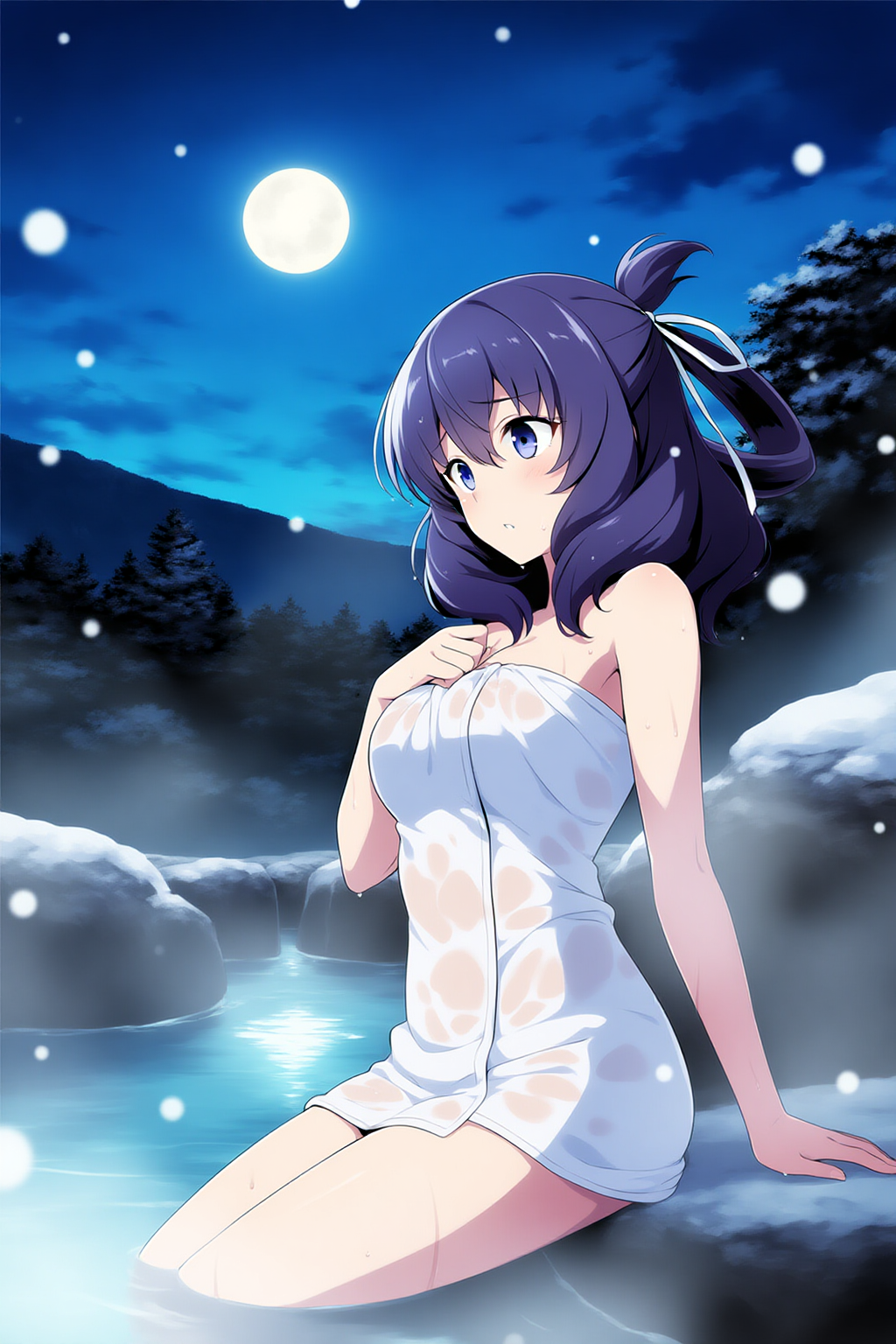 ai_generated arm_support bangs bare_shoulders blue_eyes blue_hair blush breasts cleavage eyebrows_visible_through_hair female full_moon hair_ribbon large_breasts legend_of_heroes medium_breasts moon naked_towel night night_sky onsen outdoors parted_lips rixia_mao sitting sky solo towel water wet