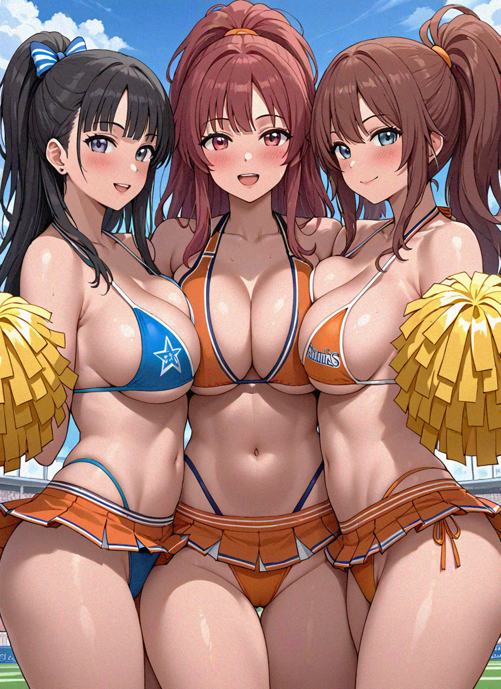 3girls ai_generated ass ass_focus big_breasts bikini bikini_bottom bikini_top blonde_female blonde_hair bra cheerleader cheerleader_uniform ginger half_naked hi_res panties red_hair seekster slim slim_waist smile stadium tagme thick thick_ass thick_thighs