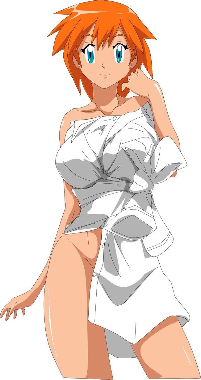 1girls, alluring, alternate breast size, alternate hairstyle, big breasts, blue eyes, bottomless, breasts, eye contact, eyelashes, fallere825, female, female only, human, human only, kasumi (pokemon), large breasts, looking at viewer, misty, misty (pokemon), naked from the waist down, nintendo, nude, orange hair, pokemon, pokemon rgby, pose, red hair, shirt, short hair, smile, source request, standing, thigh gap