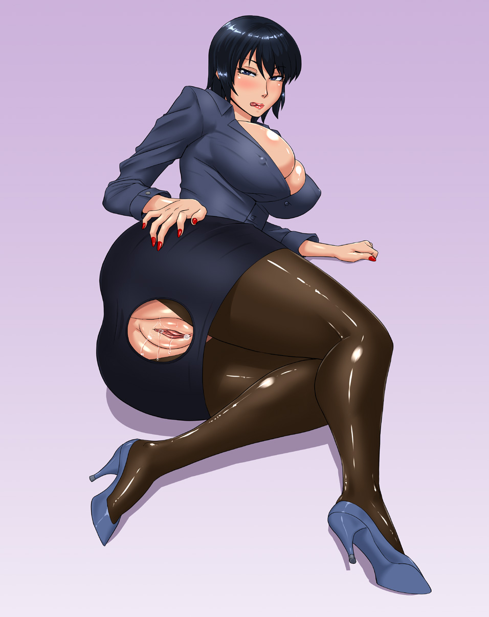 1girls, anus, ass, blue hair, breasts, cleavage, crotchless, erect nipples, female, full body, gradient background, high heels, human, large breasts, looking at viewer, milf, ml, nail polish, naughty face, nipples, on the floor, pantyhose, pussy, pussy juice, short hair, skin tight, solo, vagina