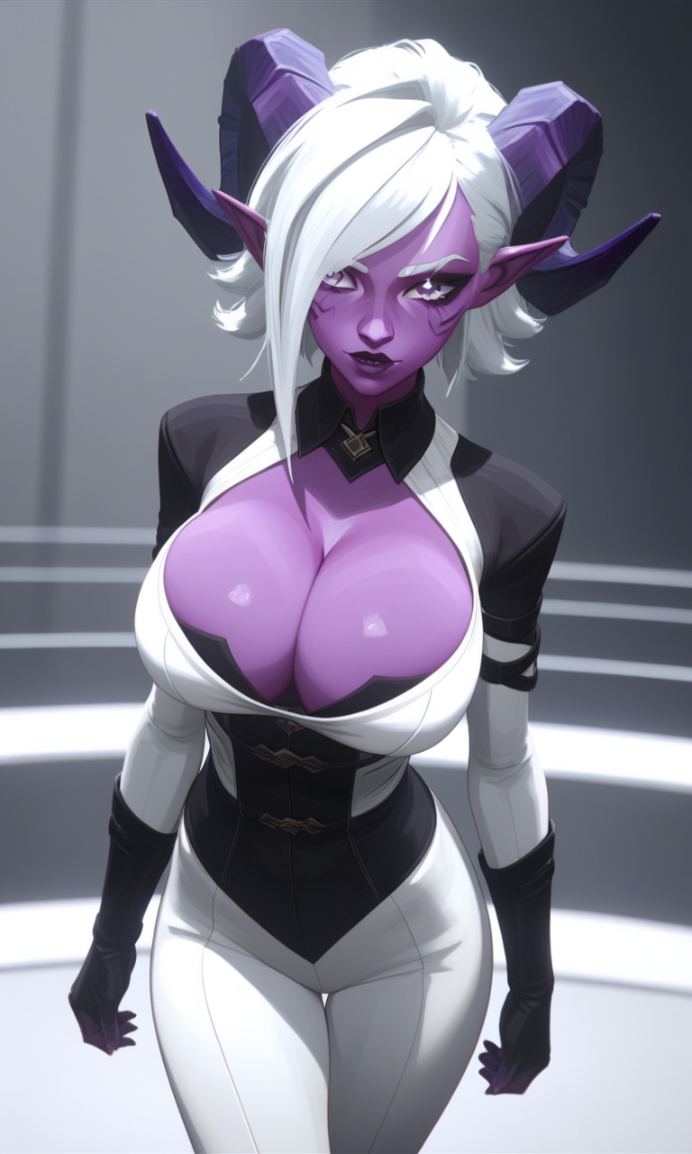 ai_art ai_generated arcane big_breasts cleavage clothes demon demon_girl demon_horns oc original_character pixai purple_body purple_skin succubus white_hair