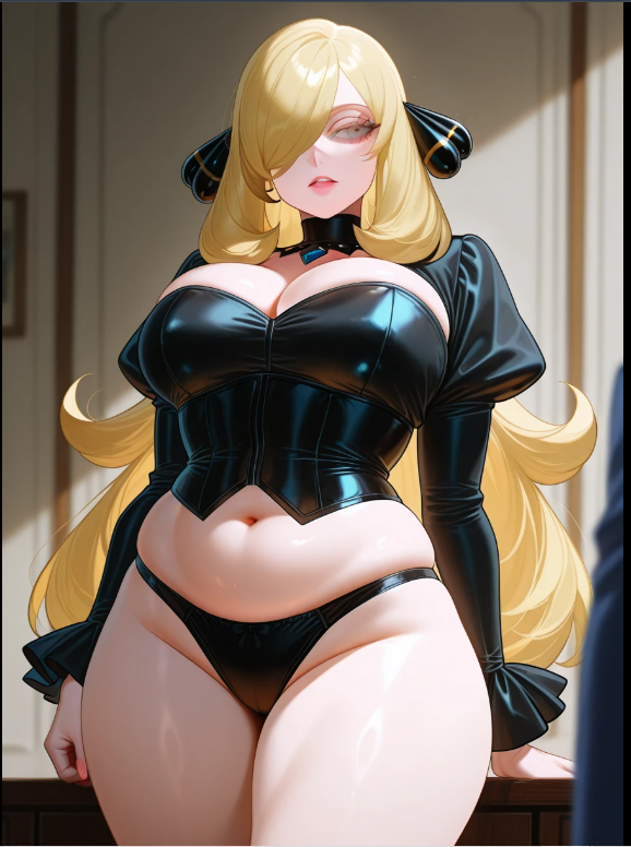 , 1girls ai_generated ass, black blonde_hair corset corset, cynthia_(pokemon) female female_focus female_only mature_female navel, original_character outfit, panties pokemon pokemon_(species) solo solo_female solo_focus thick thighs, yellow_eyes yellow_hair