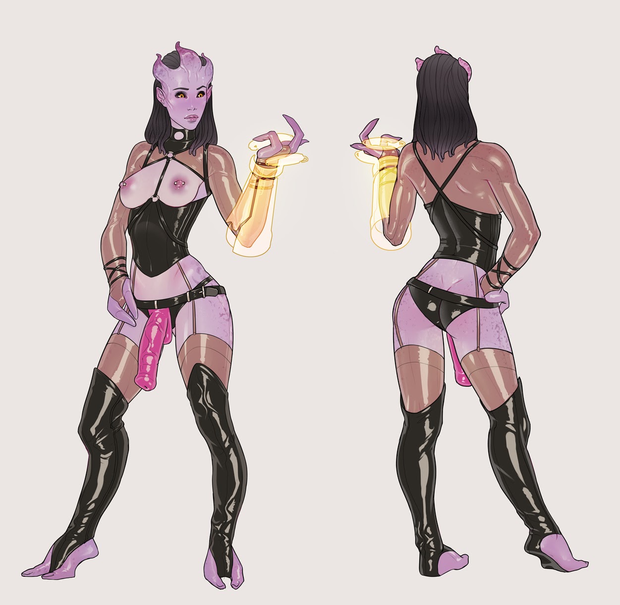 1girls, alien, alien girl, ass, black hair, breasts, corset, female, female only, garter belt, horsecock, incase, latex, lingerie, male, mass effect, nipple piercing, nipples, omni-tool, penis, piercing, purple skin, quarian, sex toy, solo, strap-on, strapon, tali'zorah nar rayya, thigh boots, thighhighs, yellow eyes