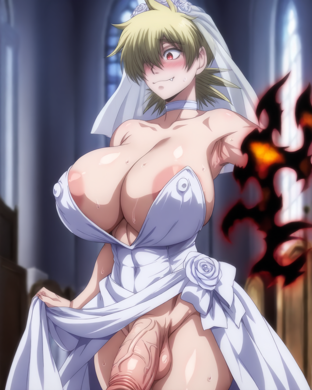 1futa abs ai_generated amputee areolae armpits blonde_hair bootyattack bride covered_nipples fangs flaccid futa_only futanari hellsing huge_breasts looking_down seras_victoria short_hair shy solo solo_focus solo_futa spiked_hair stable_diffusion thick_penis vampire veil