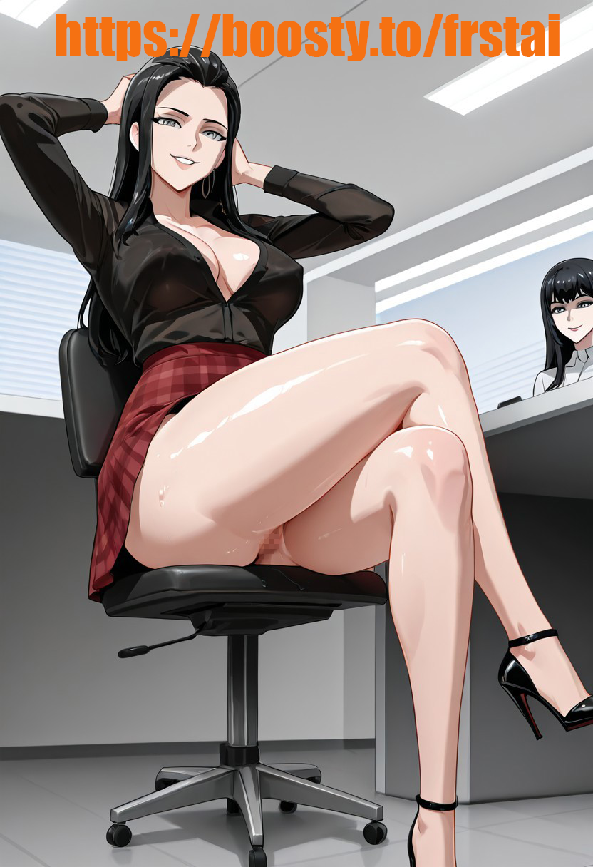 ai_generated big_breasts black_hair censored earrings grey_eyes high_heels long_hair on_chair shiny_skin skirt smile