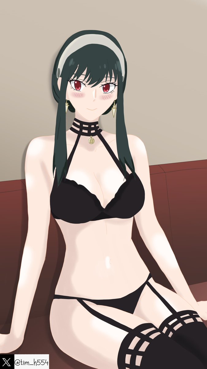 blush bra dark_green_hair garter_belt milf red_eyes sofa spy_x_family tim_heyderich underwear yor_briar