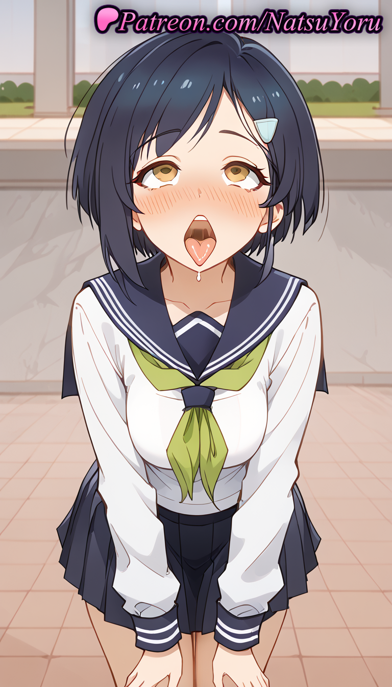 1girls ahe_gao ai_generated anime anime_style black_hair black_skirt blue_hair blue_sailor_collar blue_skirt blush breasts brown_eyes bust busty collarbone cowboy_shot female female_focus female_only hair_clips hair_ornament hairclip hands_on_own_thighs hentai indoors leaning_forward long_sleeves looking_at_viewer medium_breasts miniskirt my_deer_friend_nokotan natsuyoru neckerchief nose_blush open_mouth oral_invitation outdoors pleated_skirt rolling_eyes sailor_collar sailor_uniform saliva school_uniform serafuku shirt short_hair skirt solo solo_female standing tile_floor tongue tongue_out tsubameya_chiharu voluptuous voluptuous_female white_shirt yellow_eyes