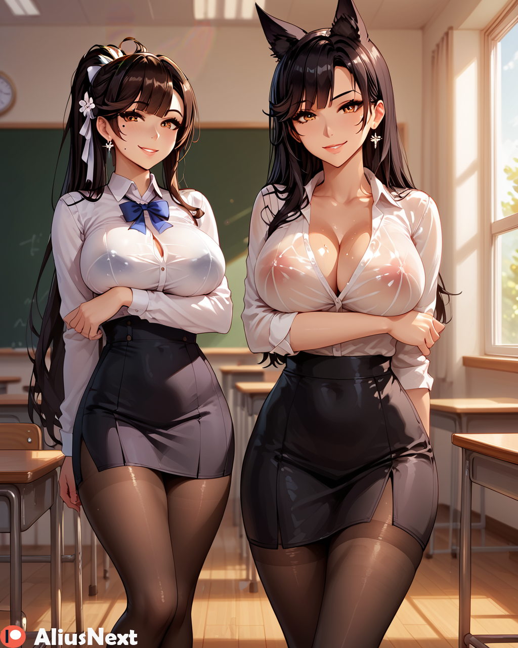 2girls ai_generated aliusnext animal_ears atago_(azur_lane) atago_(school_daydream)_(azur_lane) azur_lane female high_quality high_resolution highres huge_breasts long_hair patreon skirt sweat tagme takao_(azur_lane) takao_(school_romanza)_(azur_lane)