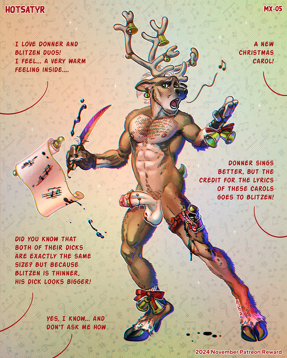 2024 abs anthro antlers bag balls beard bell bell_harness blitzen body_hair cervine chest_hair christmas cloven_hooves composer deer dialogue dildo english_text erection facial_hair femboy genitals gift harness holidays hooves horn hotsatyr ink jingle_bell jingle_bell_harness letterbox male mammal muscular muscular_anthro muscular_male music musical_note musical_symbol new_world_deer nipples offscreen_character pecs penis plume reindeer reindeer_antlers ribbons scut_tail serratus sex_toy shaved_balls short_tail sibling_(lore) simple_background singing solo sparkles symbol tail text twins_(lore)