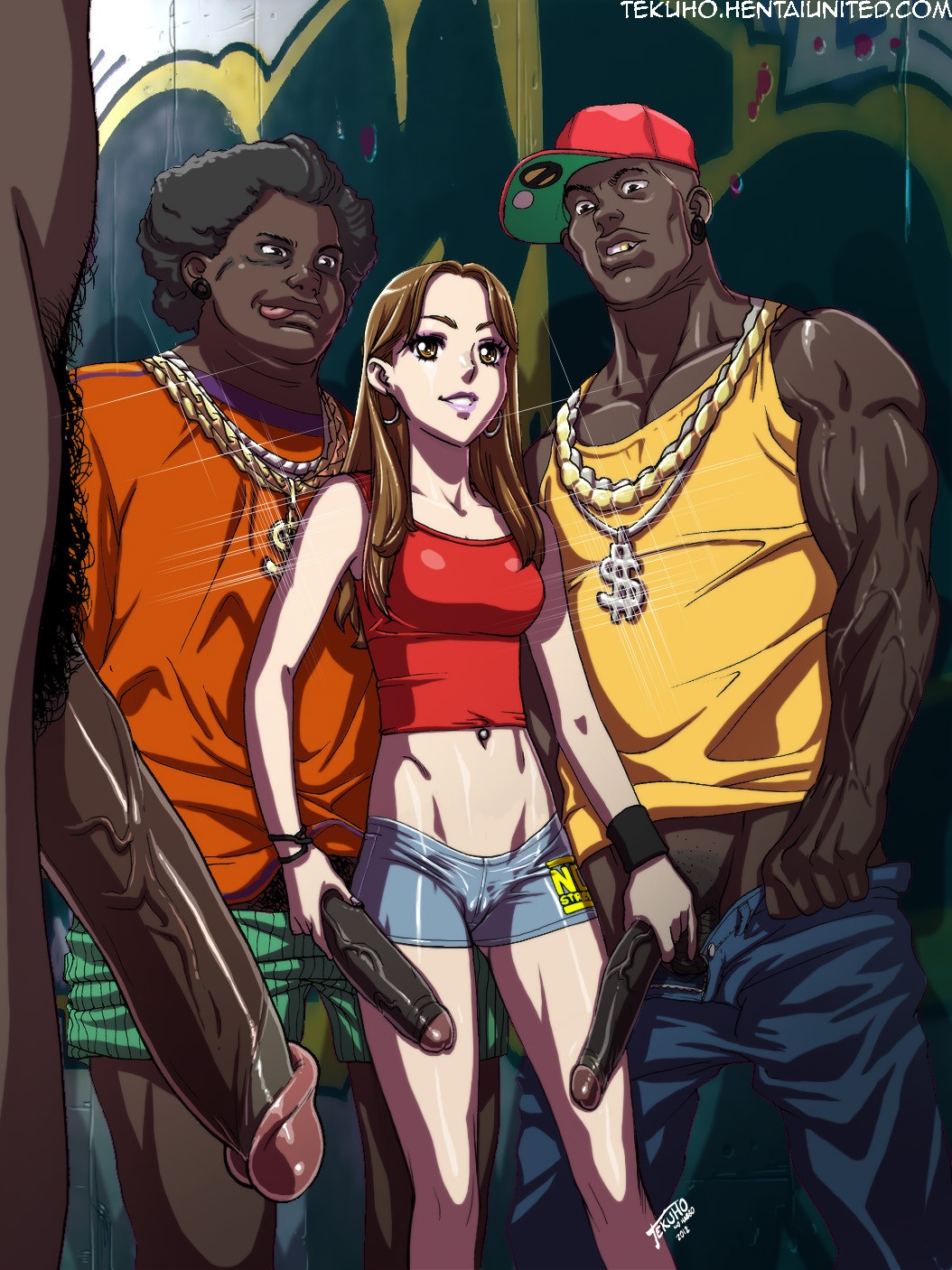 1girls, 3boys, alley, big penis, breasts, busty, dark skin, dark-skinned male, eyeshadow, female, foursome, gangster, hoop earrings, hourglass figure, huge cock, interracial, lipstick, lisa (tekuho), makeup, male, original, penis, tekuho, veiny penis, voluptuous