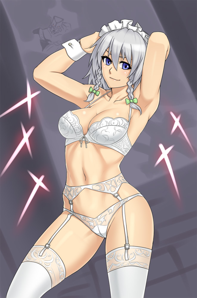 1girls, armpits, beige skin, blue eyes, bow, bra, braid, cleavage, closed mouth, clothes, color, cropped legs, cuff links, detached cuffs, female, female only, front view, garter belt, garter straps, grey hair, hair, hairbow, houtengeki, jojo reference, jojo's bizarre adventure, lace, lace-trimmed bra, lingerie, looking at viewer, open eyes, panties, posing, sakuya izayoi, sexy armpits, solo, standing, stardust crusaders, stockings, the world, thigh highs, toned, toned female, touhou, twin braids, underwear, white bra, white hair, white legwear, white panties