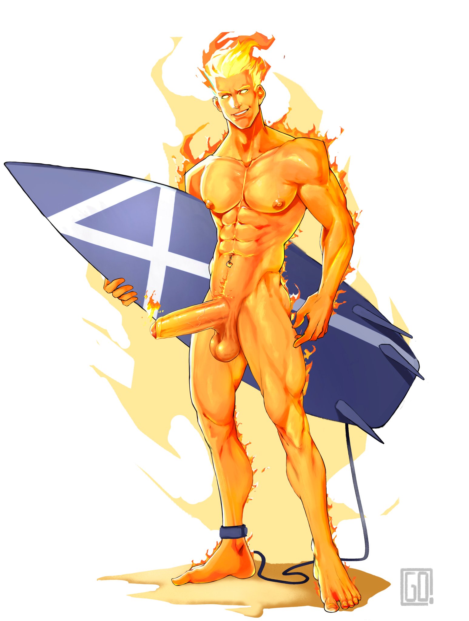 1boy, abs, balls, bara, completely nude, erect penis, erection, fantastic four, fire, full body, golewdgo, human torch, human torch (marvel rivals), johnny storm, male, male focus, male only, marvel, marvel comics, marvel rivals, muscular, muscular male, nipples, nude, nude male, pecs, penis, solo, solo male, yaoi