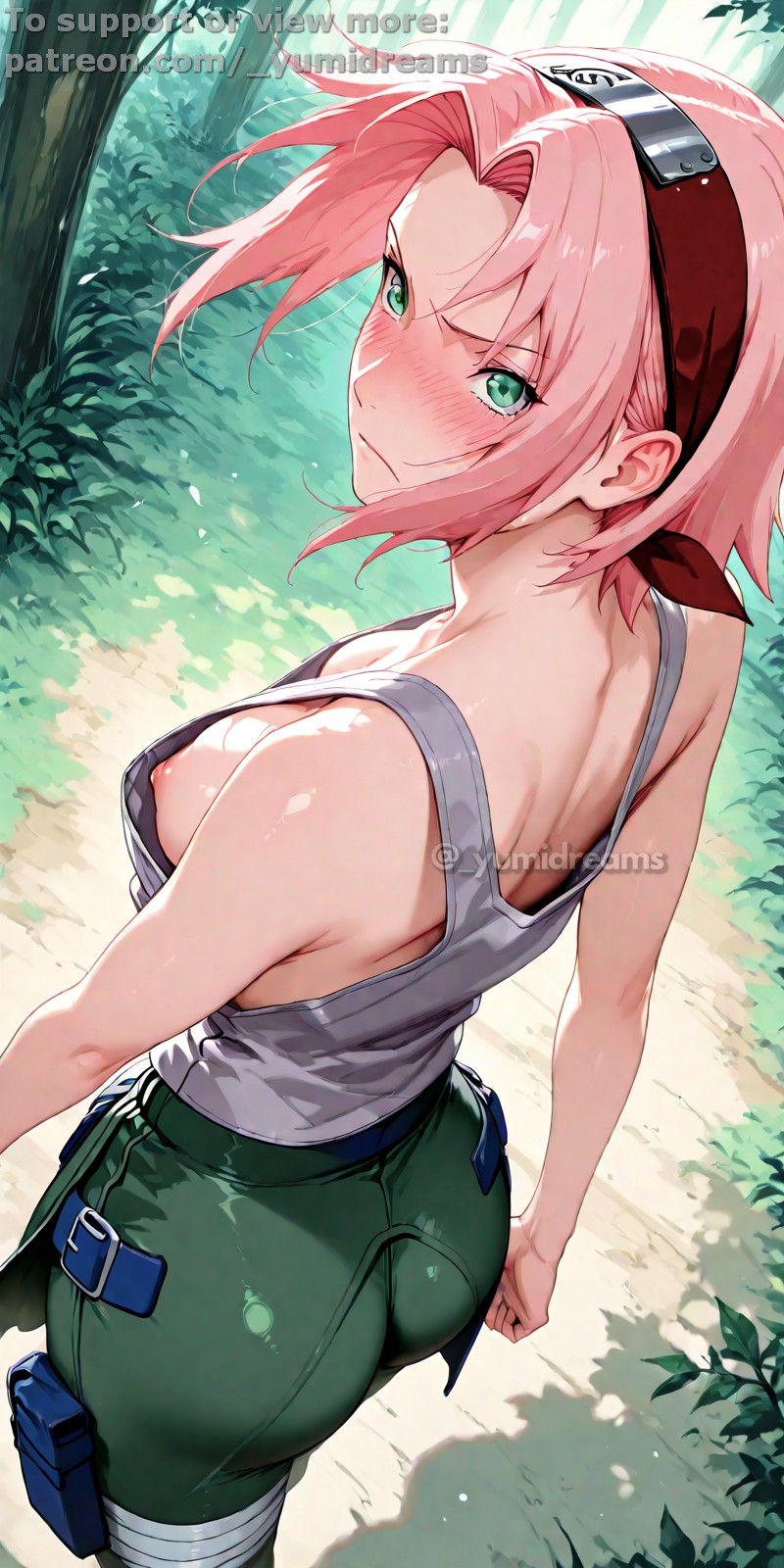  yumidreams, 1girls, ai generated, ass, back view, blush, breasts, downblouse, female, female only, green eyes, hair band, headband, highres, konohagakure symbol, light skin, light-skinned female, loose clothes, loose top, medium breasts, naruto, naruto (series), naruto shippuden, nipple slip, nipples, outdoors, patreon username, round ass, sakura haruno, serious face, short hair, solo, white shirt