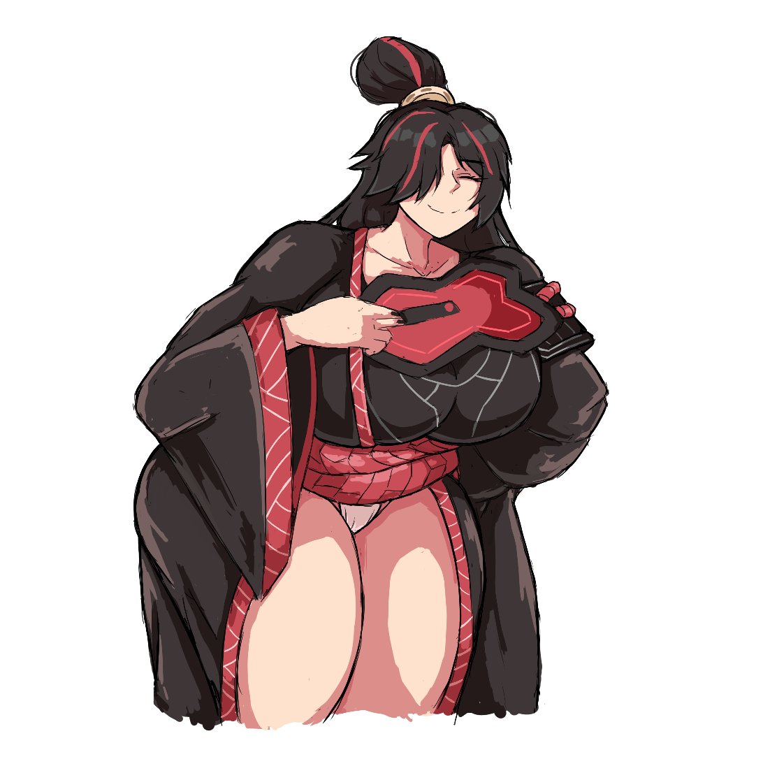 1girls, 2025, big breasts, black hair, breasts, chinese clothes, closed eyes, exposed thighs, eyes closed, female, hair bun, holding fan, holding object, large breasts, limbus company, littleteze, project moon, red highlights, solo, solo focus, thick thighs, two-tone hair, zigong (limbus company)