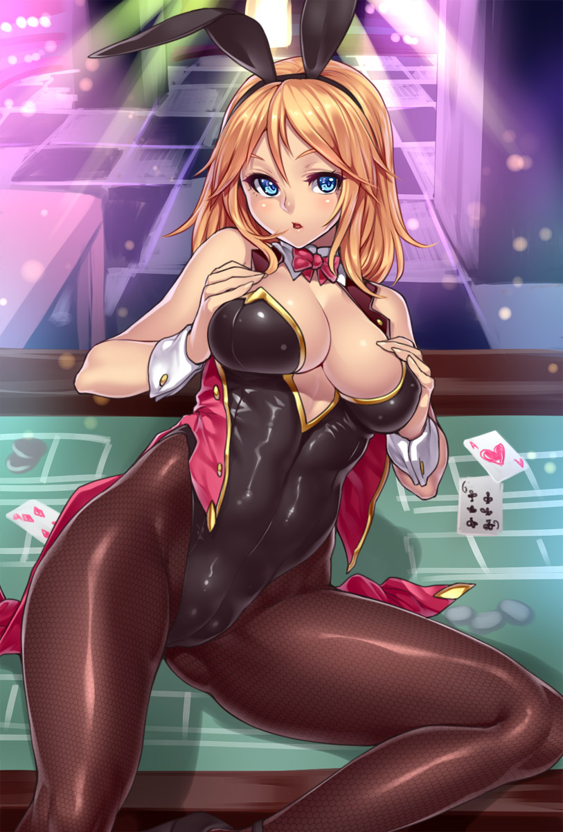 beige skin, blonde hair, blue eyes, bowtie, breasts, bunny ears, bunnysuit, cameltoe, card, clothes, color, cuffs, female, female only, front view, hair, houtengeki, indoors, looking at viewer, open eyes, open mouth, pantyhose, playing card, pussy, sitting, solo, table